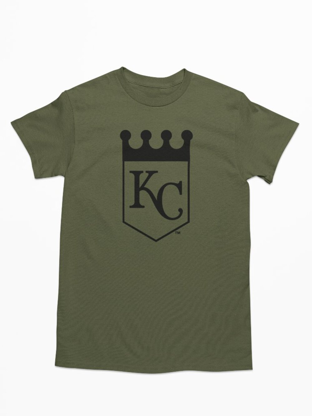 NEW Kansas City Royals Crown Banner Monogram Logo T-Shirt MILITARY ARMY GREEN